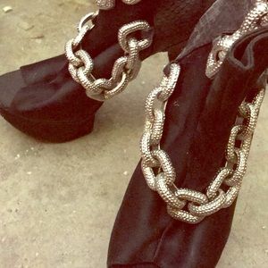 Bebe Black platform open toe boots w/ silver chain